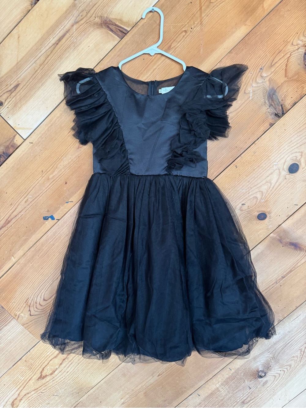 Elegant Girls' Black Tulle Dress with Ruffle Cap Sleeves